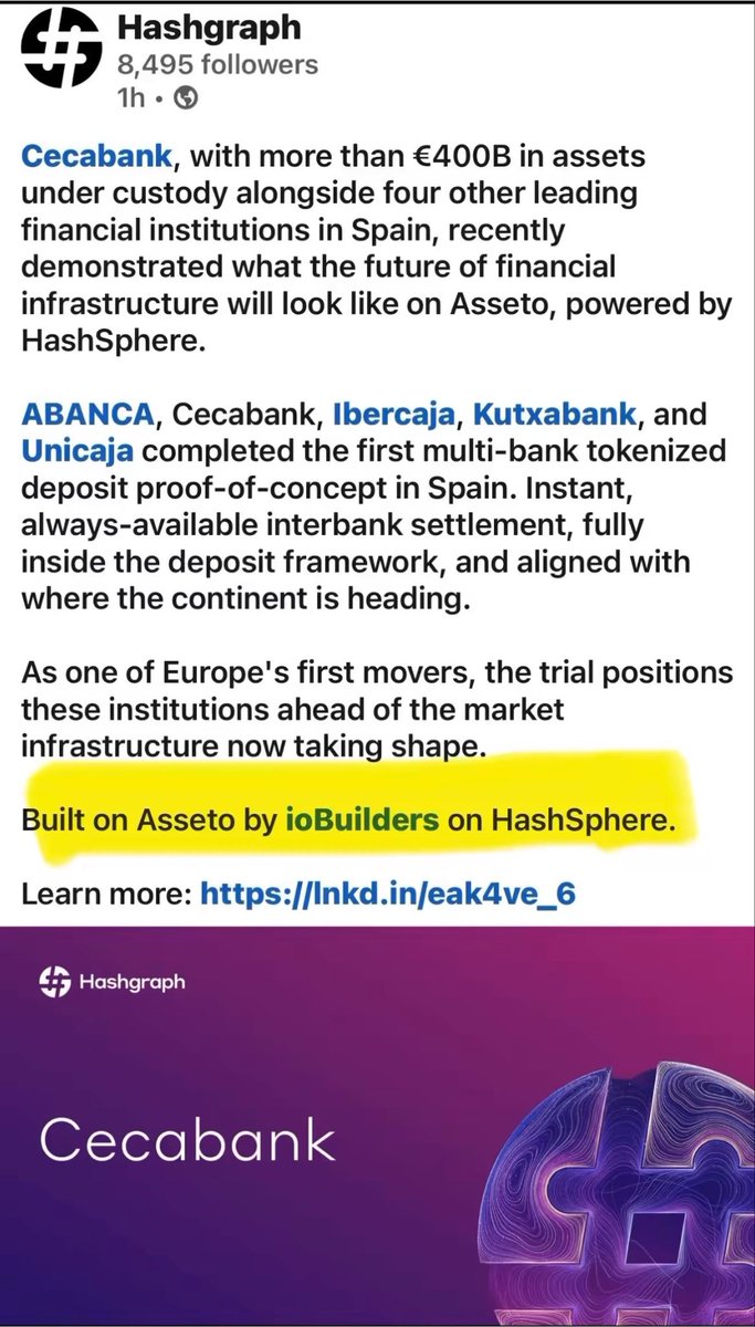 MarcoSalzmann80's tweet photo. 🧵 Five Spanish banks just completed Spain’s first multi-bank pilot for tokenized bank deposits, powered by infrastructure built on @hedera technology.

ABANCA, Cecabank, Ibercaja, Kutxabank and Unicaja successfully tested programmable commercial bank money.

Behind it sits an interesting institutional stack:

ioBuilders. Asseto. HashSphere. Hedera.

Let’s unpack it. 👇

In July 2026, five Spanish banks completed Spain’s first multi-bank Proof of Concept for tokenized deposits:

• ABANCA
• Cecabank
• Ibercaja
• Kutxabank
• Unicaja

The initiative was orchestrated by Cecabank, with support from BCG and ioBuilders.

This wasn’t simply another stablecoin experiment.

The project explored tokenized commercial bank deposits.

The underlying money remains a bank deposit within the existing regulatory and accounting framework, while gaining properties of programmable digital money.

Bank money
+
DLT infrastructure
+
Programmability

The banks tested transfers of tokenized deposits between participating institutions.

The objective was to explore:

• 24/7 availability
• near-instant settlement
• programmability
• smart contract automation
• improved traceability

In other words, bringing bank deposits into programmable financial infrastructure.

Now comes the technology layer.

The infrastructure was provided through Asseto, developed by Madrid-based fintech ioBuilders.

Asseto is designed for the issuance, management and settlement of tokenized financial instruments and digital money.

And this is where Hedera enters the picture.

Asseto can operate across two environments:

Hedera Public Network and HashSphere, a private institutional network powered by @hedera technology.

This gives financial institutions a hybrid architecture depending on regulatory, privacy and operational requirements.

HashSphere brings Hedera’s underlying hashgraph technology into a private, permissioned environment designed for institutional use cases.

Banks can explore DLT while maintaining tighter control over participation, privacy and governance.

Public and private infrastructure don’t have to compete.

They can complement each other.

There is also a deeper relationship behind the technology.

Hashgraph and ioBuilders formed a strategic partnership and investment to accelerate institutional tokenization infrastructure and HashSphere.

Their collaboration around Hedera technology goes back years.

And that’s what makes the Spanish banking pilot interesting.

The headline isn’t:

“Five Spanish banks are using Hedera Mainnet.”

That would be misleading.

The bigger story is that Hedera technology is becoming part of the infrastructure stack being explored for institutional tokenization.

The architecture looks like this:

Spanish banks
↓
Tokenized bank deposits
↓
Asseto
↓
HashSphere / Hedera technology
↓
Programmable institutional finance

This is infrastructure adoption, not speculation.

Tokenization won’t only be about putting securities on public blockchains.

Banks are also exploring how commercial bank money becomes programmable and can settle tokenized assets efficiently.

That’s where architectures connecting institutional and public DLT environments become increasingly interesting.

And Spain is becoming an interesting laboratory for this transition.

Just days later, ABANCA, Ibercaja, Unicaja and Cecabank were also selected for experimentation related to the Eurosystem’s Digital Euro initiative.

Separate projects.

But part of the broader transformation of European money and settlement infrastructure.

Five banks.
Tokenized deposits.
Institutional-grade DLT infrastructure.
Asseto.
HashSphere.
Hedera technology.

No, this does not mean Spanish banks are suddenly settling everything on Hedera Mainnet.

But it shows something more important:

Hedera’s technology is quietly finding its way into infrastructure being built for the next generation of banking.

Infrastructure usually grows quietly.

Until one day, everyone depends on it