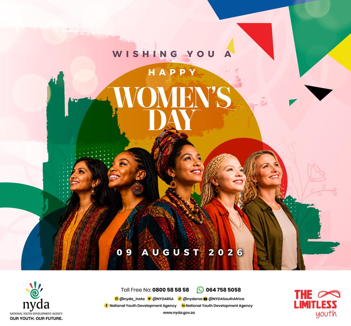 NYDARSA's tweet photo. NYDA wishes all women a Happy Women’s Day! May we celebrate the strength, resilience, achievements and limitless potential of women who continue to inspire, empower and shape our communities and future.

Happy Women’s Day! 

#WomensDay2026 #NYDA #WomenEmpowerment #TheLimitlessYouth #OurYouthOurFuture