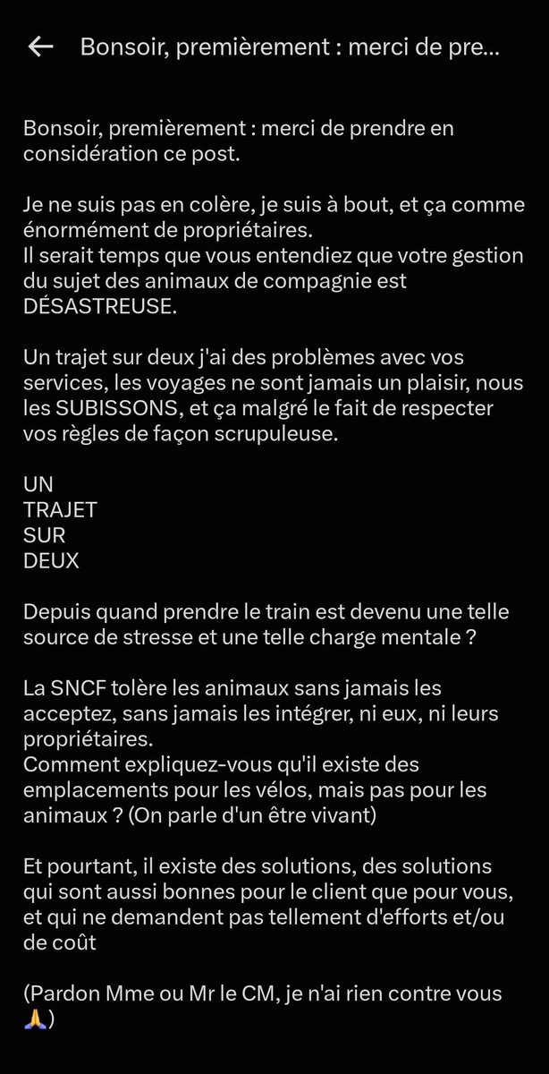 Ruby_kon_'s tweet photo. J'ai eu la SNCF
Billet remboursé, pas d'excuse mais une explication pour valider le comportement du chef de bord
Pas d'évolution, on reste en 1980 parce que c'était mieux au bon vieux temps, pire encore :

Les places non occupées dans les 15 minutes qui suivent le départ du train peuvent être ré attribuer par la SNCF
C'est à dire qu'une place qui a déjà été vendu une fois, peut être considérée comme à nouveau disponible par la SNCF et revendu une seconde fois.
Dans le principe c'est logique, on pense aux gens qui achètent leur billet directement au contrôleur, mais cette règle ne devrait pas pouvoir s'appliquer si la personne qui a acheté les billets est présente (ça éviterait l'excès de zèle, pour ne pas dire abus de pouvoir)