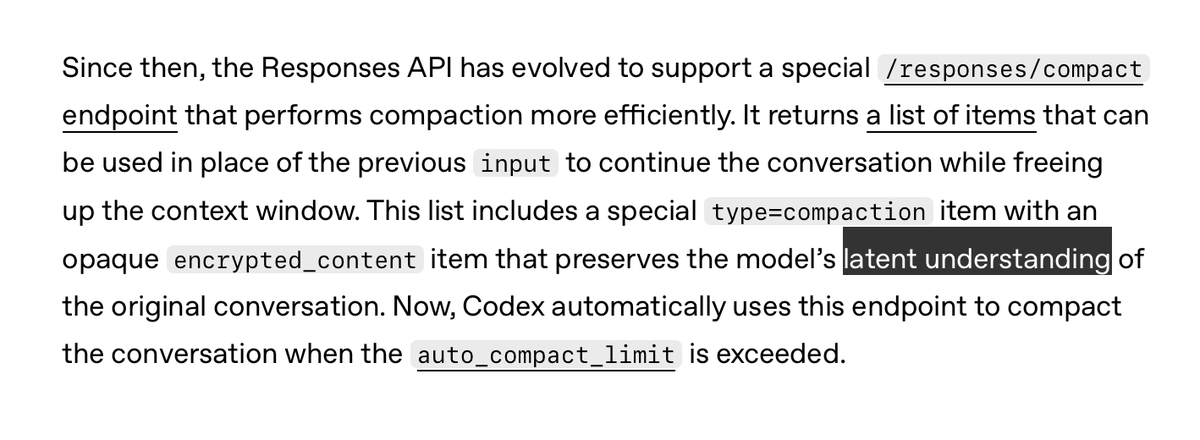 Documentation snippet describing the /responses/compact endpoint, compaction items, and Codex auto-compaction behavior