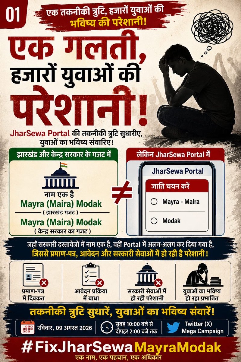 bapiruj's tweet photo. नाम अलग नहीं, पहचान एक है। Mayra Modak (मायरा मोदक) समुदाय के लोगों को JharSewa Portal पर नाम संबंधी तकनीकी समस्या के कारण प्रमाण-पत्र प्रक्रिया में दिक्कत आ रही है। पोर्टल में आवश्यक सुधार किया जाए
@HemantSorenJMM @NICMeity @JharkhandCMO 
#FixJharSewaMayraModak https://t.co/GAx2eHDCFj