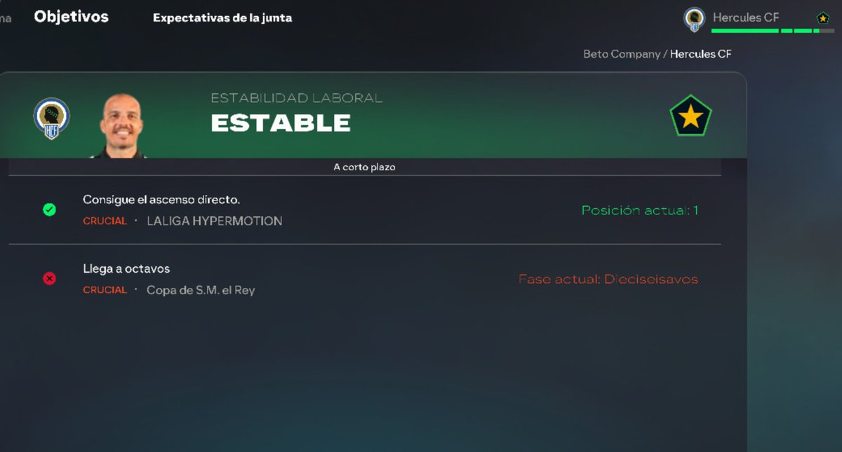 HerculesEAFC's tweet photo. 🧐 𝗢𝗕𝗝𝗘𝗧𝗜𝗩𝗢𝗦 𝟮𝟬𝟮𝟳/𝟮𝟬𝟮𝟴

✅️ Consigue el ascenso directo a LaLiga EA Sports: 𝗖𝗔𝗠𝗣𝗘𝗢𝗡

❌️ Llega a Octavos de la Copa del Rey

#FC26 #modocarrera https://t.co/LHA3yds2l6