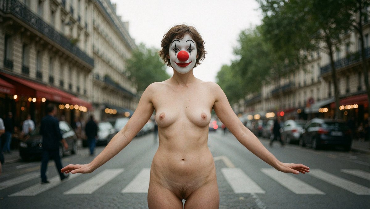 voxefx's tweet photo. full body, naked mime, on the streets of Paris, female, clown nose, balanced exposure, centered composition, overcast lighting, shallow depth of field with creamy bokeh, shot on kodak portra 400, 25% film grain, natural skin texture. by Vox https://t.co/no8qIb2XyI