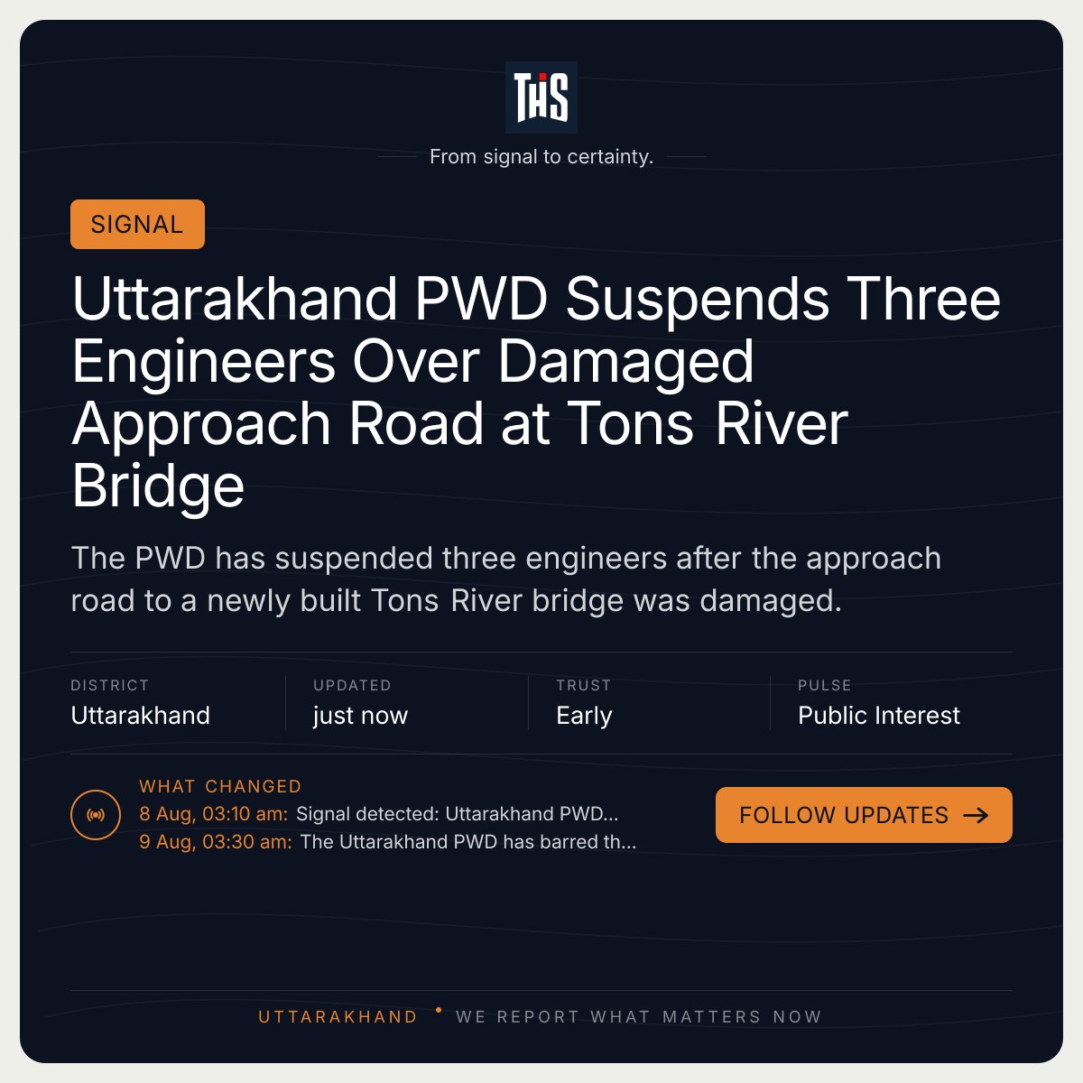 thehillstory's tweet photo. Uttarakhand PWD bars the construction firm behind the damaged approach road at the new Tons River bridge from future tenders, on top of suspending three engineers over the damage.

https://t.co/ZHFHvUwVcA https://t.co/zjowA3MRmM