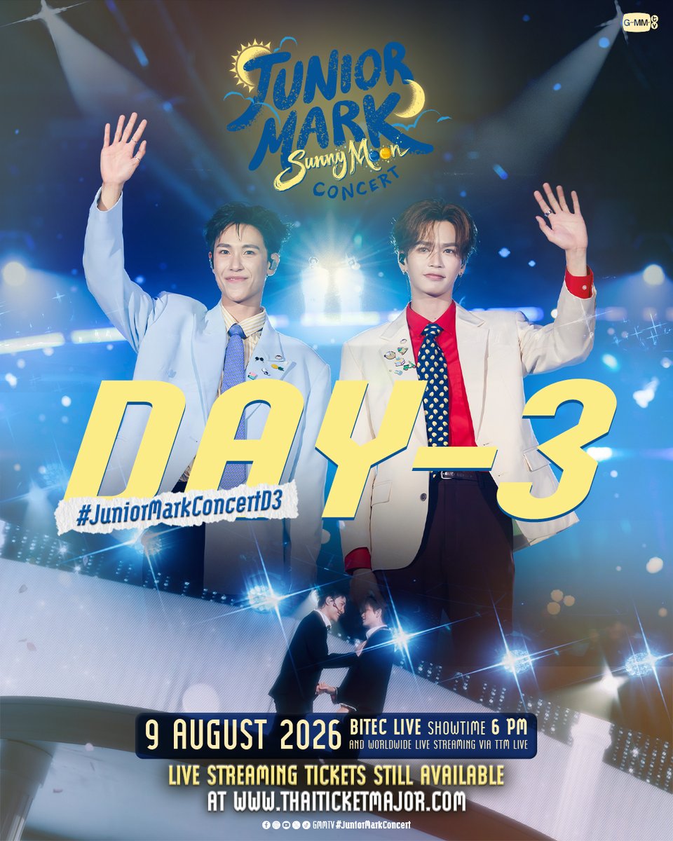 GMMTV's tweet photo. DAY-3 | JUNIOR MARK SunnyMoon CONCERT 🧳🚐 #JuniorMarkConcertD3

📌 Buy Live Streaming Tickets 👉 https://t.co/B8RIUD8Ye1
SEE YOU ON 9 AUGUST 2026 | BITEC LIVE

#GMMTV 
@jnnrrs @Markjrtn https://t.co/naHz1lK6Qt