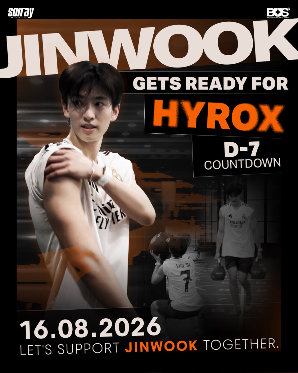 BUS_SONRAY's tweet photo. D-7! 🔥

อีก 7 วัน ก่อนลงสนาม HYROX
มาร่วมส่งกำลังใจให้ #JINWOOKkim ในการแข่งขันครั้งนี้ไปด้วยกันนะครับ 💪🏻

#HYROXThailand
#hyroxthailand2026
#BUSbecauseofyouishine https://t.co/vUyqJGPfjr