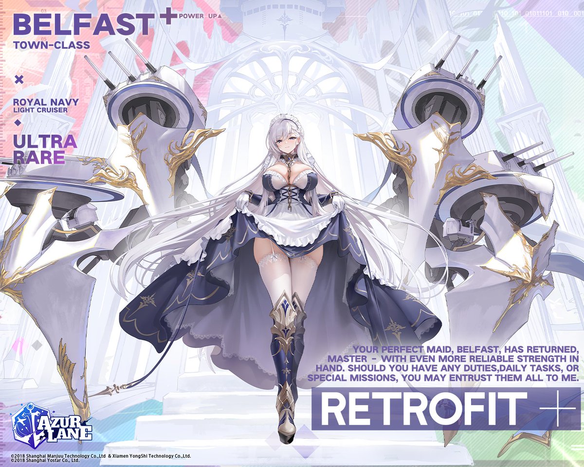 AzurLane_EN's tweet photo. ♚Belfast (Retrofit)♚

Your perfect maid, Belfast, has returned, master – with even more reliable strength in hand. Should you have any duties, daily tasks, or special missions, you may entrust them all to me.

Currently, Belfast is in dry dock getting a retrofit. She will be ready to launch soon!

#AzurLane #Yostar #Retrofit #AzurLane8thAnniv