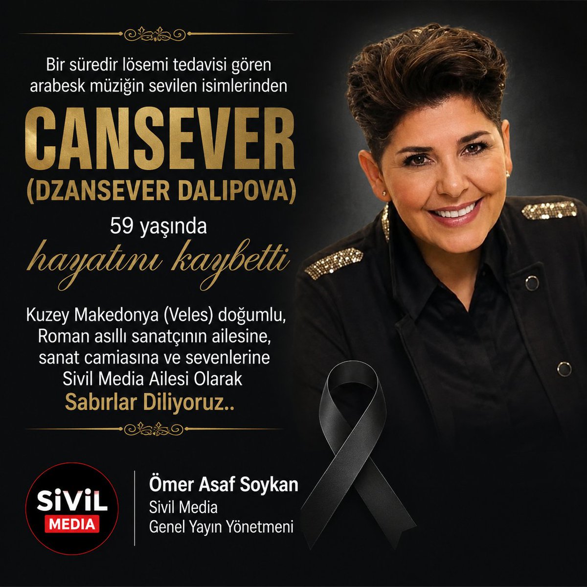 Asafman1919's tweet photo. Bir süredir lösemi tedavisi gören arabesk müziğin sevilen isimlerinden Cansever(Dzansever Dalipova),59 yaşında hayatını kaybetti
Kuzey Makedonya(Veles)doğumlu,Roman asıllı sanatçının ailesine,sanat camiasına ve sevenlerine Sabırlar Diliyoruz!!
#cansever https://t.co/wDxqqUgzJf