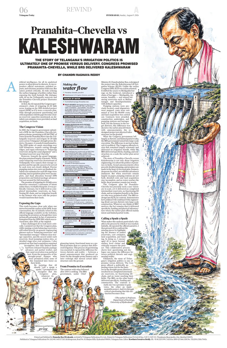 BRSparty's tweet photo. The story of Telangana’s irrigation politics is ultimately one of promises. 

Congress promised water while KCR actually delivered it to every home. 

Do read this article by Chandri Raghava Reddy on Telangana Today by clicking on the link here: 

🔗 : https://t.co/gtz6C8uZly https://t.co/4t439PMXd5