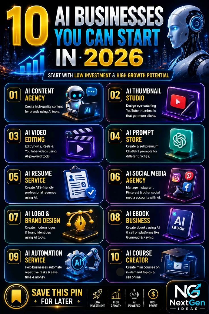 SAKHAWATHO98016's tweet photo. 🚀 10 AI Businesses to Start in 2026
💡 Content • Video • Prompts • Branding • eBooks • Automation &amp; more.
📈 Low investment. High growth. Powered by AI.
💬 Which one would you start?
❤️ Like •
 🔁 Repost • 
👤 Follow https://t.co/tLMYUmoNcu
