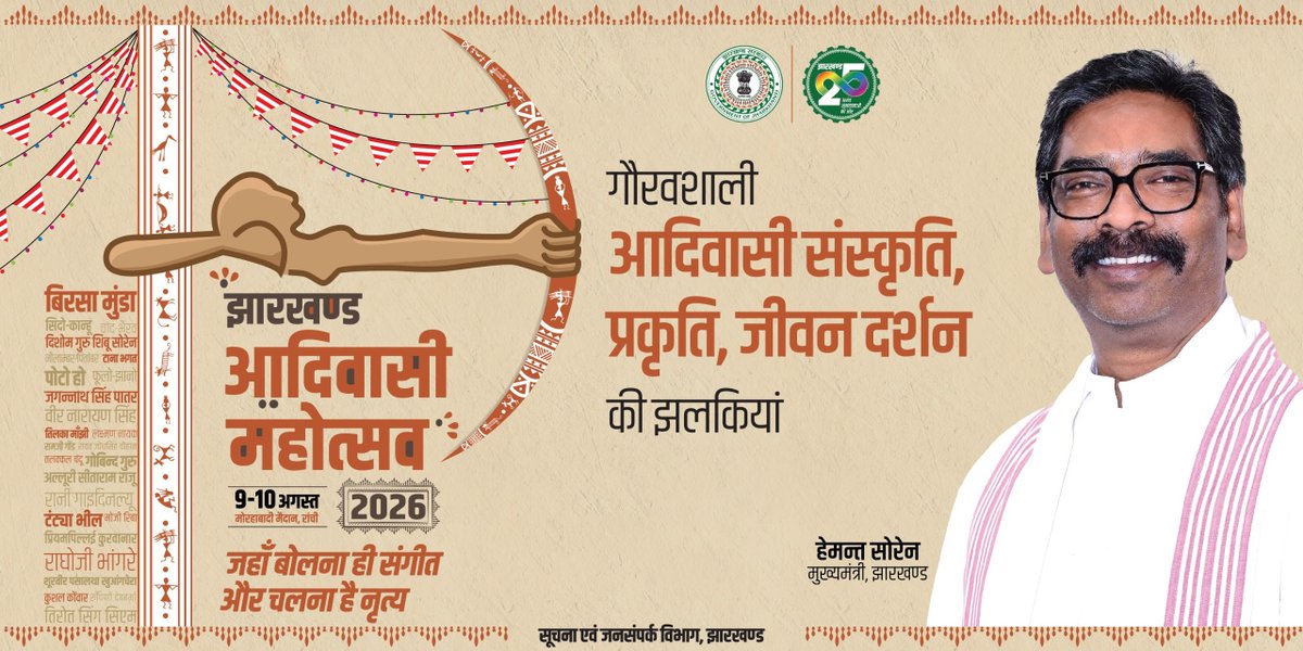 HemantSorenJMM's tweet photo. झारखंड में हर वर्ष की तरह आज फिर ऐतिहासिक झारखंड आदिवासी महोत्सव मनाया जा रहा है।

विश्व आदिवासी दिवस के शुभ अवसर पर आयोजित होने वाले इस महाआयोजन के लिए आप सभी का हार्दिक स्वागत, शुभकामनाएं और जोहार।

झारखंड की धरती ने दुनिया को ऐसा जीवन दर्शन दिया है, जहाँ प्रकृति पूजनीय है, समुदाय सर्वोपरि है और संस्कृति जीवन का हिस्सा है।

यह महोत्सव केवल हमारी समृद्ध आदिवासी संस्कृति, परंपरा और विरासत का उत्सव नहीं, बल्कि अपने अस्तित्व, अस्मिता और अधिकारों के प्रति हमारे संकल्प का भी उत्सव है।

जल, जंगल, जमीन और अपनी पहचान की रक्षा की लड़ाई हमारी विरासत है, और आने वाली पीढ़ियों के लिए इसे सुरक्षित रखना हमारा संकल्प।

अबुआ दिशुम, अबुआ राज - अबुआ पहचान के साथ, अबुआ भविष्य की ओर।

झारखंड के वीर शहीद अमर रहें!
जय झारखंड!
#jharkhandsejohar