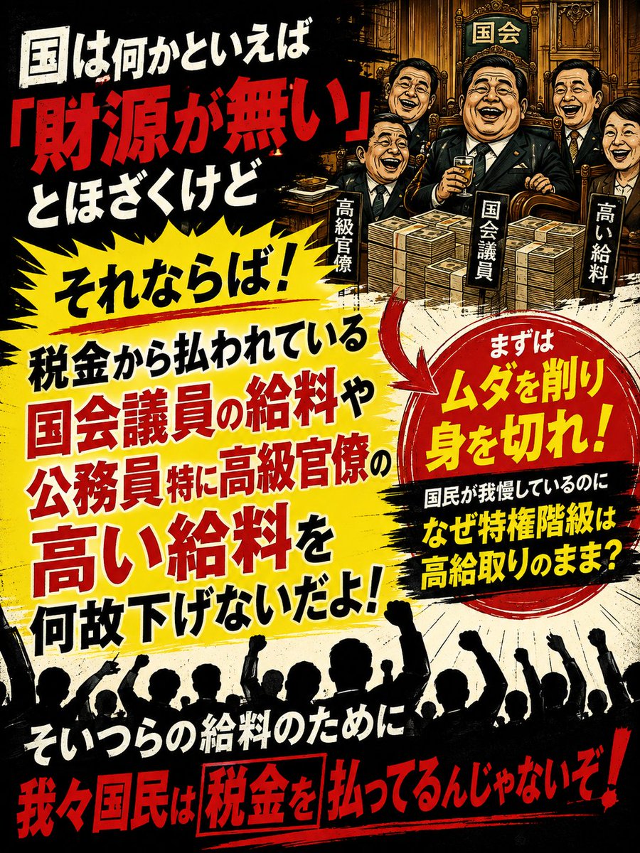 madokahiro0321's tweet photo. 国は何かといえば財源が無いとほざくけど財源無いなら国会議員や公務員の高級官僚の高い給料を下げてくれよ！そいつらの給料は我々の税金だろ？
国民には厳しく自分らには甘い！
ふざけるな！ https://t.co/C3bvdeozt5