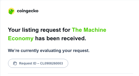 TheMachineeco's tweet photo. Coingecko listing coming soon-

ID- CL0908260003

https://t.co/EdlzTZdy8S

@coingecko https://t.co/792toX90Rl