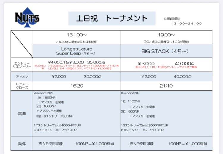 poker_esaka's tweet photo. 🈺土日祝の営業予定🈺
13:00〜オープン

🎁
プライズ等は店内ポイント（NP）
※只今web coinでの受け取りはしてません

1,000NP＝チケット🎫1枚にも変更可！！（現在可能な対象チケットは店舗まで）

🉐🉐
①
各トーナメントにアーリーバード🐦あり‼️
level1終了迄にエントリーで
Add-on無料❗️❗️

②longstructure super deep
level2迄（14:00）のエントリーで
Add-on半額❗️

1️⃣long structure super deep（4名〜）
⏰13:00〜レジクロ16:20

🉐アーリーバード🉐
（level1終了13:30迄）1stエントリー¥1,000引き❗️➕Add-on無料‼️
（level2終了14:00迄）Add-on半額‼️
※14:20迄に開催無ければ未開催となります、、

ENTRY  ¥4,000/35,000点
RE          ¥3,000/35,000点
Add-on  ¥2,000/30,000点

🎁プライズ（28,000円相当保証）
🥇1,800NP
🥈1,000NP
🥉  600NP（8エントリーから）

2️⃣ BIG  STACK（4名〜）
⏰19:00〜レジクロ21:10
（level1終了19:15迄）
※20:15迄に開催無ければ未開催となります、、

ENTRY  ¥3,000/40,000点
RE          ¥3,000/40,000点
Add-on  ¥2,000/40,000点

🎁プライズ（17,000円相当保証）
🥇1,100NP
🥈600NP