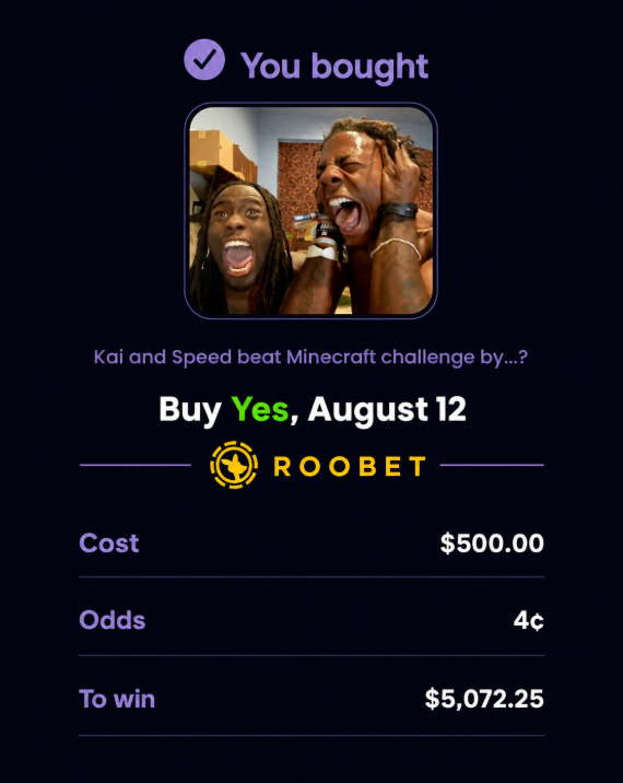 Roobet's tweet photo. JUST IN: A trader just put $500 on Kai and Speed beating the Minecraft challenge by August 12

Payout is $5,072.25 on Roobet https://t.co/l7oV0Q7rgq