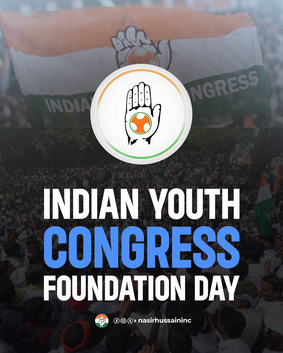 NasirHussainINC's tweet photo. On @IYC Foundation Day, we honour the commitment and energy of young people who continue to strengthen our democracy and shape India’s future.

The youth have always been at the forefront of social change, public service and the pursuit of justice, equality and opportunity for all.

#IndianYouthCongress #YouthCongress #Congress #FoundationDay