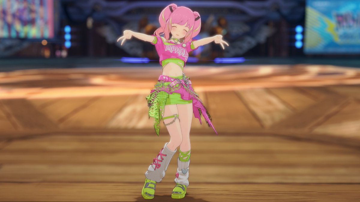 SgtCat's tweet photo. Headcanon: Nyaa was born with brown hair. In high school in order to become a cheerleader she dyed her hair pink, & wore pink/green cheerleading uniform. Bc she stood out more with pink hair she kept it even when she became an idol. #BlueProtocolStarResonance #StarResonance #BPSR https://t.co/rvemaDZlS4