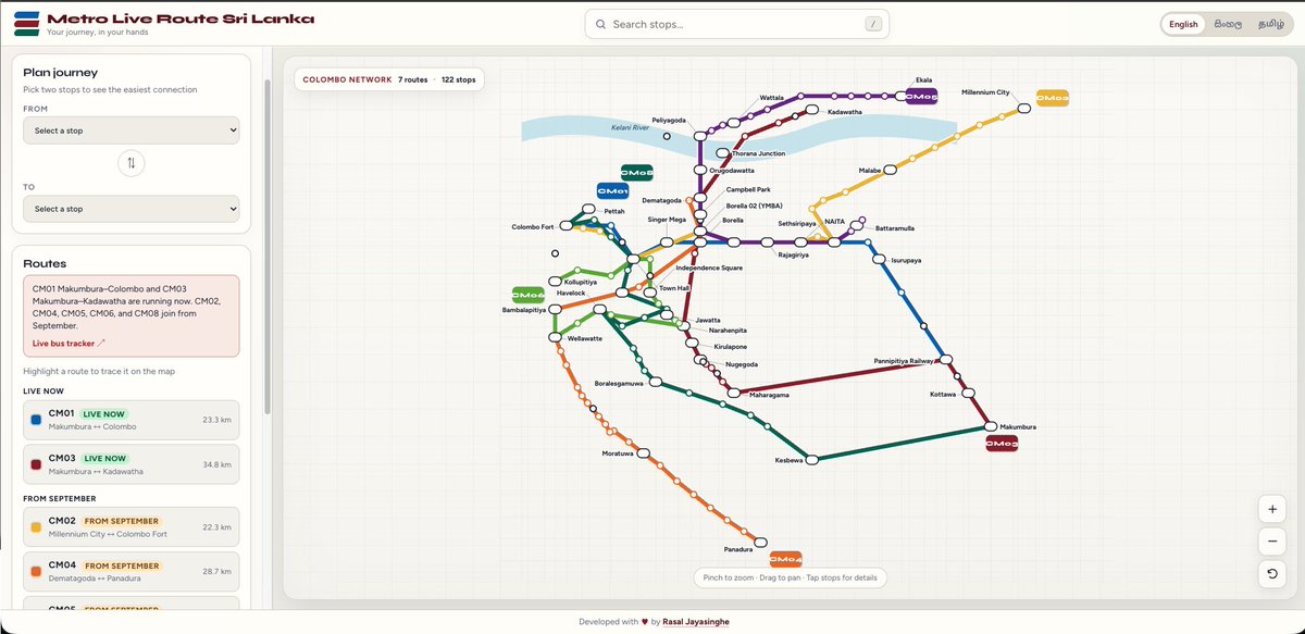rasaljaya's tweet photo. Kudos to @nuuuwan for an amazing map!

Played with it to make it more interactive.

🔗 Live Interactive Map: https://t.co/F7KOQoD1H9

What you can do:
• Browse every Colombo metro corridor at a glance
• See which routes are live now and which are starting in September
• Search for any stop in English, Sinhala, or Tamil
• Plan stop-to-stop journeys with connections
• Zoom, pan, and tap on stops for detailed route information

Built to work smoothly on both mobile and desktop.

#Colombo #SriLanka #PublicTransport #Metro #Transit #UrbanMobility #SriLankaTech