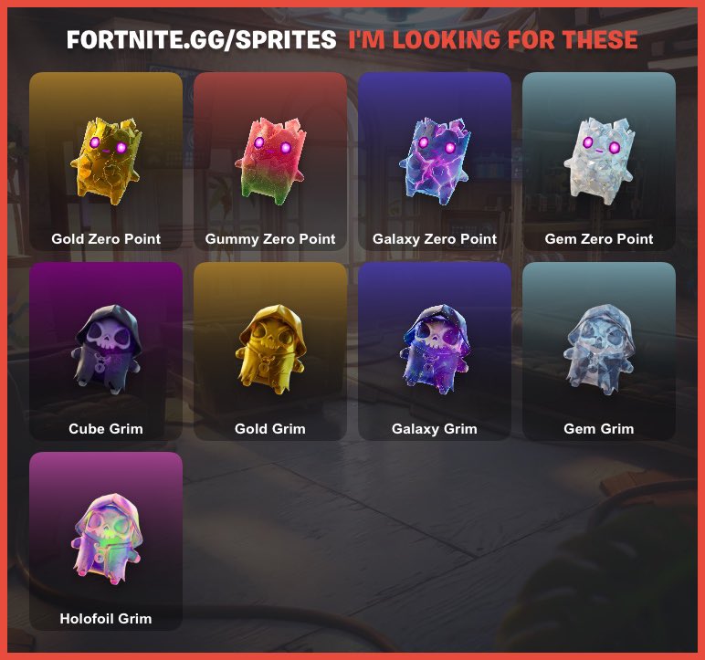RivalsAndReels's tweet photo. Looking for these sprites, willing to trade as many as you want for any of these 

#sprites #sprite #spritetrading #fortnite #fortniterunners https://t.co/3zVwK03i1q