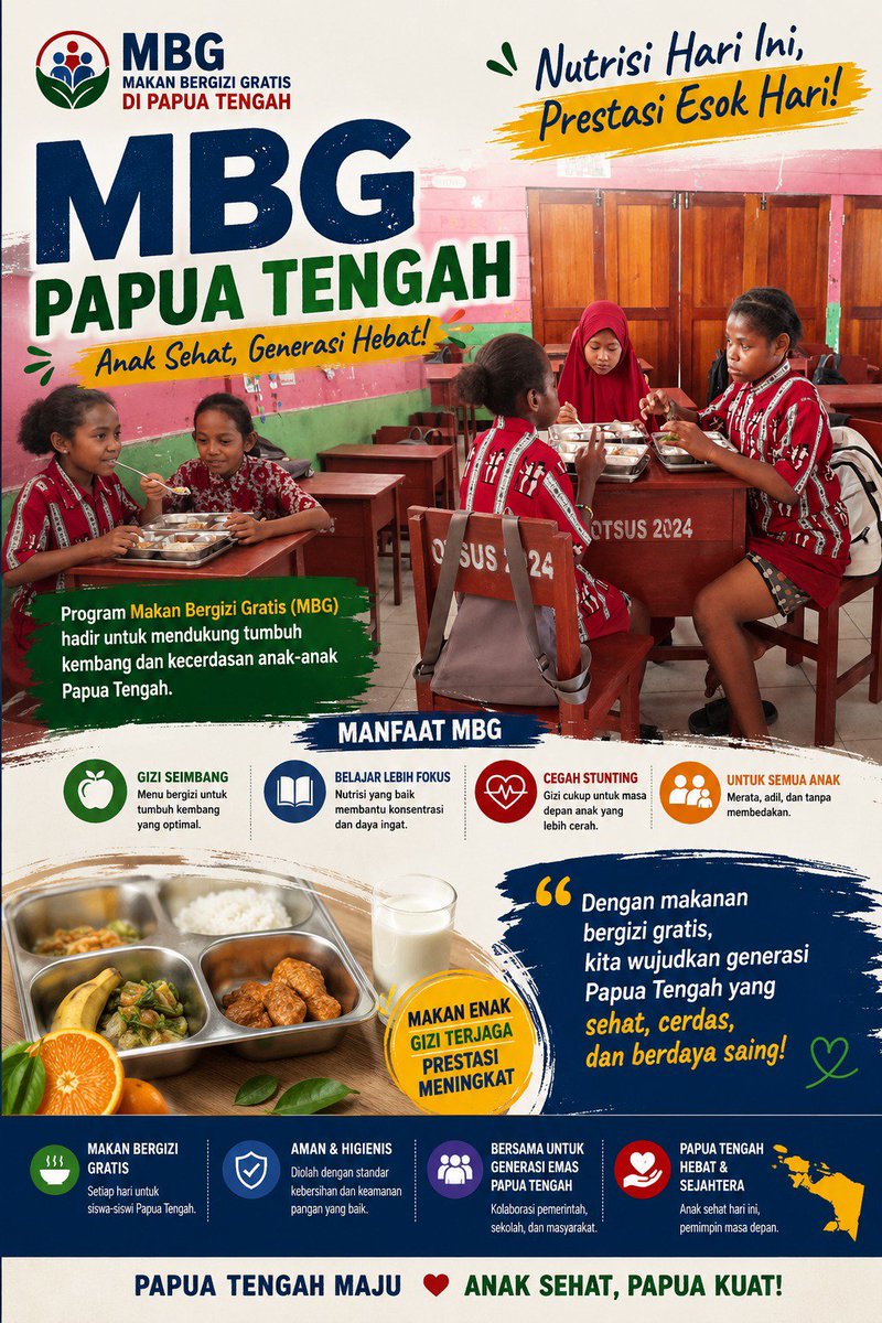 Judikamurat's tweet photo. Nutrisi hari ini, prestasi esok hari.
Melalui MBG, kita dukung tumbuh kembang dan semangat belajar anak-anak Papua Tengah menuju generasi yang sehat, cerdas, dan berdaya saing.

#MBGPapuaTengah #MakanBergiziGratis #PapuaSehat #IndonesiaMaju #latina #yönetimistifa #Aylio https://t.co/qIDR2LhUKx