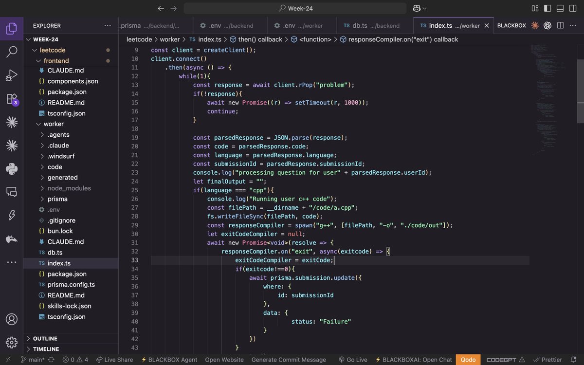 Pranav3773's tweet photo. Did leetcode project, Key takeaways:

-how a worker swarm processes code submissions asynchronously.
-Backend → Queue → Workers → Execution → Polling → Result.
@kirat_tw 🙌 https://t.co/G5YNn3MU6R