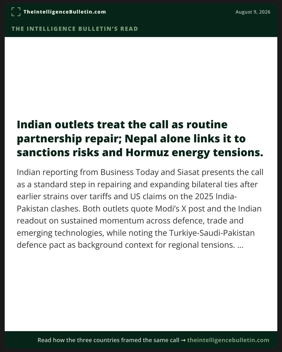 IntellBulletin's tweet photo. Business Today and Siasat quoted Modi’s readout on defence, trade and technology. Online Khabar added the Senate bill that could hit major Russian oil purchasers with 100 percent tariffs plus Hormuz context. https://t.co/nYai6LX2cO