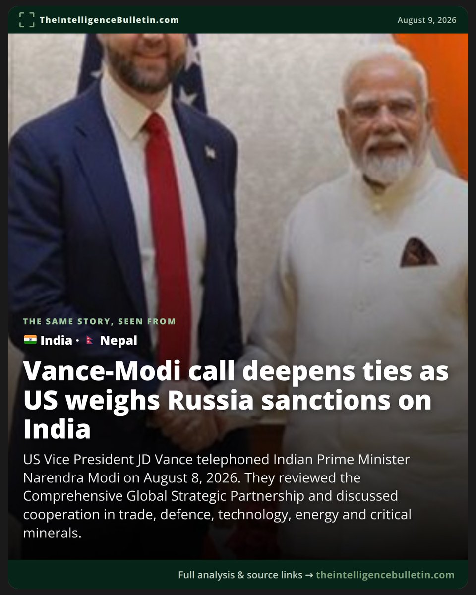 IntellBulletin's tweet photo. Indian media called the Vance-Modi call routine diplomacy to expand trade and defence ties. Nepal’s coverage framed the same call as unfolding under US sanctions pressure over Russian oil. #IndiaUS https://t.co/WB1ma0fm3a
