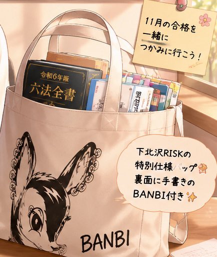 JourneymanNaru's tweet photo. AIで画像作ったら凄くかわいく仕上がったので。大好きなriskのバッグです♪
皆様合格つかみに行きましょう！
#risk下北沢  #BANBI  #行政書士試験 https://t.co/GROyODhLum
