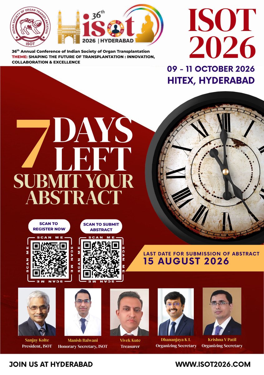 IndiaSoTx's tweet photo. Only 7 days left! Submit your abstract for #ISOT2026 (9–11 Oct, Hyderabad) by 15 August @balwani_manish @SanjayKolte5 @DrJigarShrimal1 @drvivekkute @RadhikaDrpatil https://t.co/AfZqSnySDd