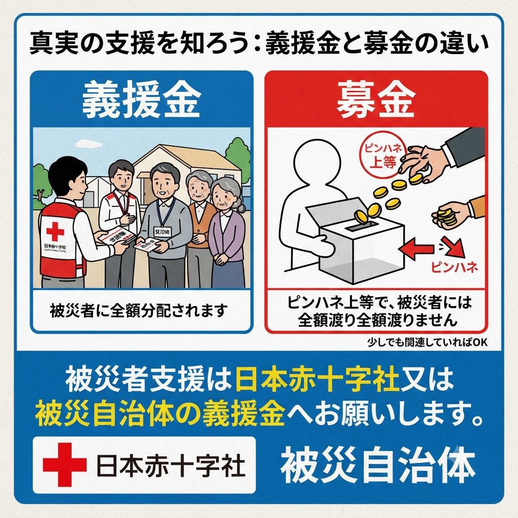daitojimari's tweet photo. 拡散希望
被災者支援は日本赤十字社や自治体の義援金へ

『募金』は詐欺まがい行為が横行しているのでご注意を https://t.co/CFM9GtI08A