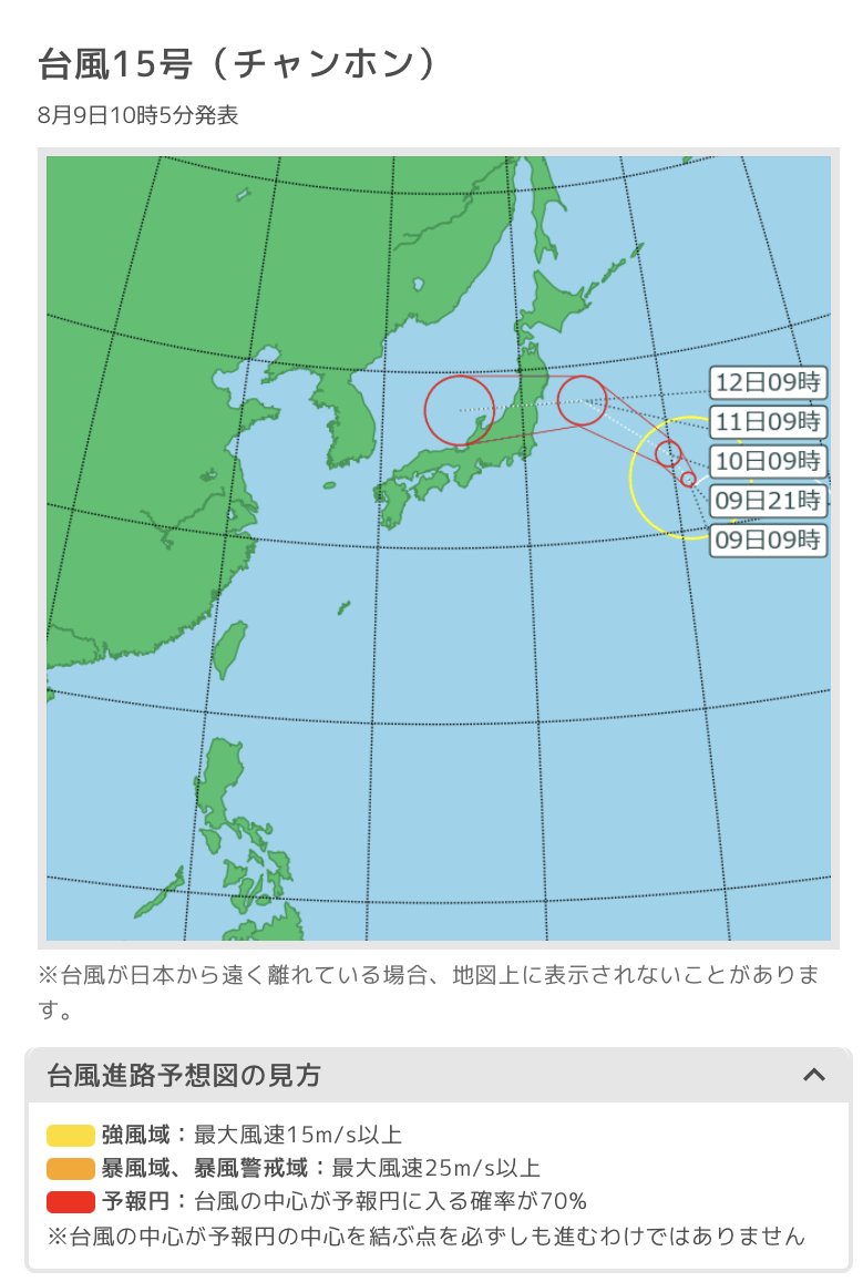 terunekootenki's tweet photo. 【台風15号進路予想　東北地方に接近・上陸の恐れ】

日本の東海上には台風15号があって西に進んでいます。
今後、台風は進路を北西に変え、11日には三陸沖に進み、その後東北地方に接近・上陸する恐れがあります。
鄭風の接近に伴い、11日は東北や北陸で風雨が強まる恐れや大雨となる恐れがありますので、十分警戒してください。

また、11日は東北を中心に気圧が大きく低下する所が多くなりますので、体調にも十分注意してください。

#台風15号 #台風進路  #頭痛ーる