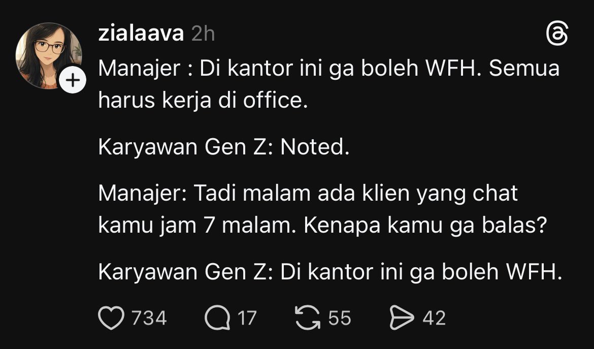 txtkaryawan's tweet photo. Hidup karyawan gen z 😆 https://t.co/O2amDuWWWa