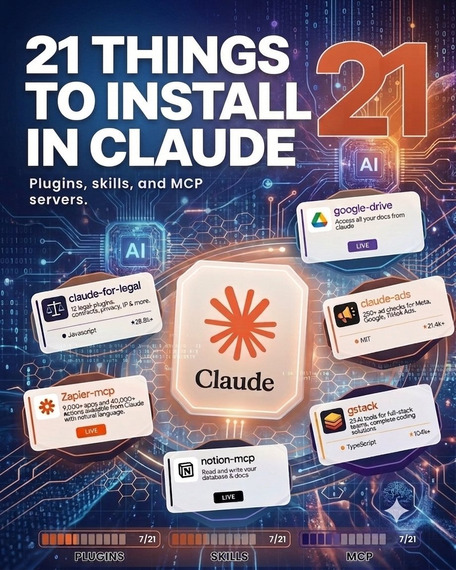 sophia9gbij's tweet photo. 21 powerful tools to supercharge Claude 2.

From plugins and skills to MCP servers, this list highlights the best ways to extend Claude’s capabilities and build smarter workflows. 🚀🤖 

#Claude #AI #MCP #AITools 

👇
Follow me @sophia9gbij https://t.co/WawH0y9lBT