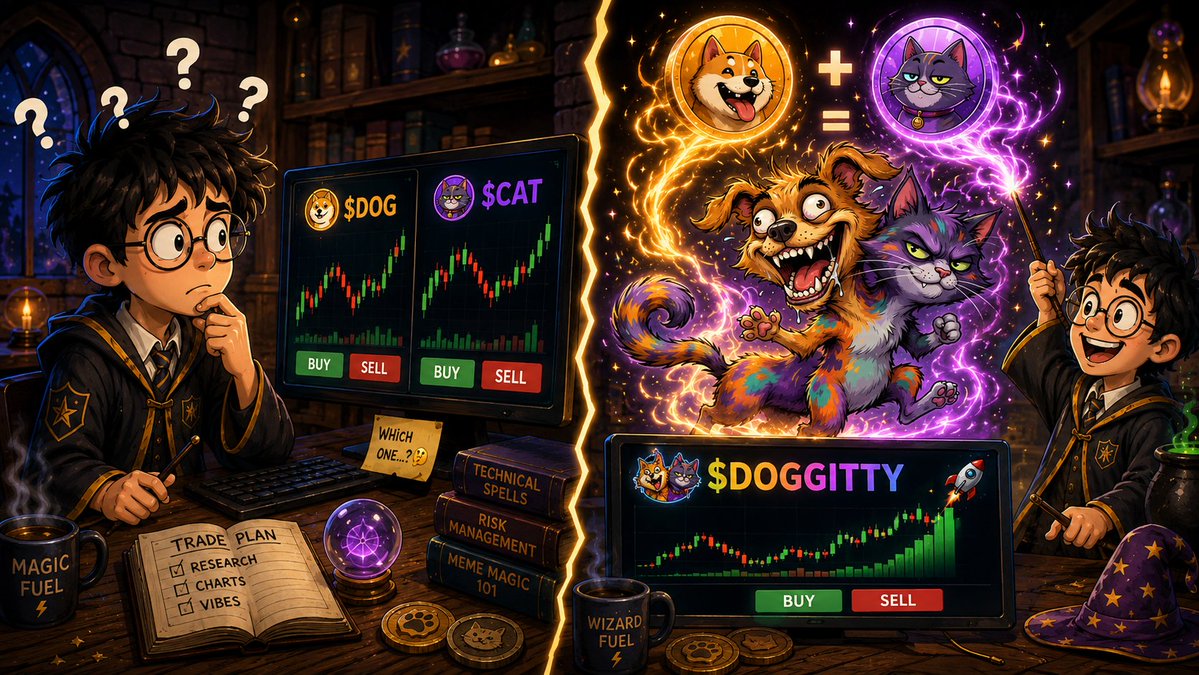 TheDOGGITTY's tweet photo. When the market gives you two choices…
sometimes the smartest move is to create a third. 🪄
$DOG + $CAT = $DOGGITTY

Two heads. One body. Zero agreement.

Maybe the future needs a little magic. 🐶🐱✨ https://t.co/Bo6xzWUw7Z