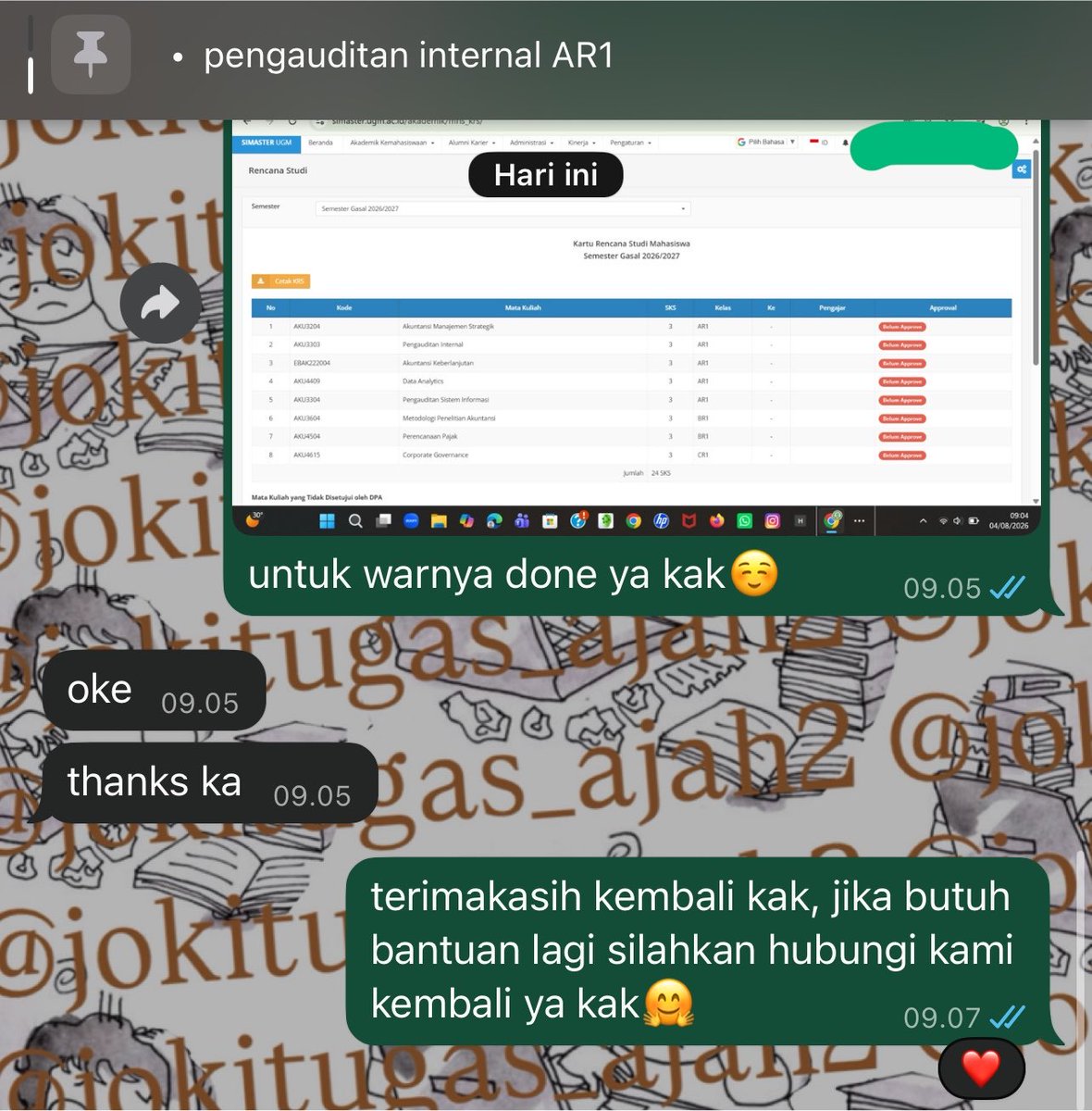 jokitugas_ajah2's tweet photo. Info Joki tugas war krs ugm, upnvyk, ub minggu lalu berhasil semua

Untuk next day masih open war krs yaaa. Joki tugas lain juga open yaa (makalah, skripsi, jurnal, ppt, askep, paper, dll) tugas urgent sd, smp, sma, kuliah dll 
#jokiwar #warkrs #jokitugas #zonauang #infojoki https://t.co/RJkm8VWOSH