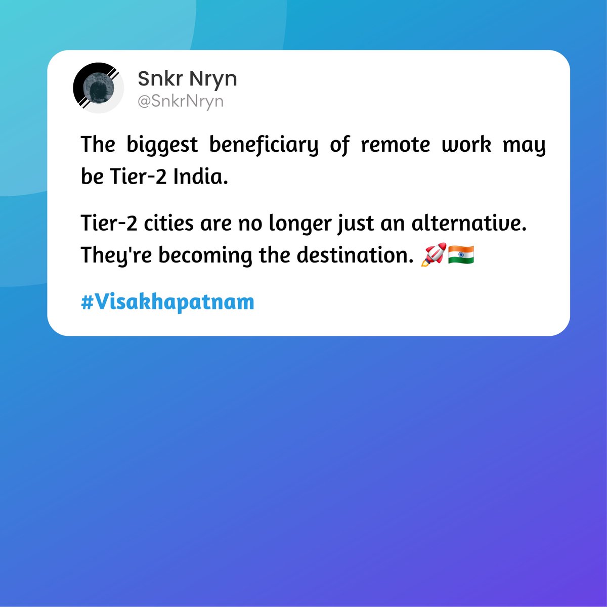iam_snkrnryn's tweet photo. #Visakhapatnam #Tier2India #Tier2Cities #RemoteWork #FutureOfWork #WorkFromAnywhere #DigitalIndia #IndiaGrowth #UrbanIndia #EmergingCities #IndianCities #TechIndia #EmergingIndia #IndiaRising #HybridWork #DigitalNomads #RemoteJobs #DigitalEconomy #EconomicGrowth https://t.co/pjSRUXHiI6