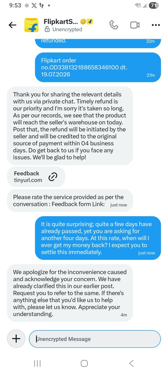srinivasansris6's tweet photo. This is the kind of terrible response I received from Flipkart. https://t.co/2ZyEq37T5a