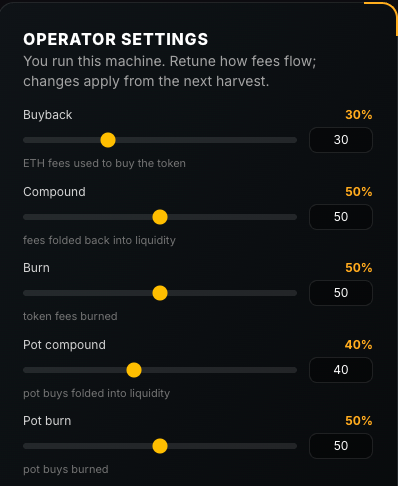 HoneyPadRH's tweet photo. Other launchpads: pick a name, pick a ticker, pray 

honeypad: you get a control panel 

buyback rate. 

compound rate. 

burn rate. 

pot split. 

all tunable live by the creator, all executed automatically on-chain by the GlueHook. 

No other launchpad hands you the keys to the machine after launch.

They give you a token. We give you an economy.

https://t.co/1fVSYvUhqM
