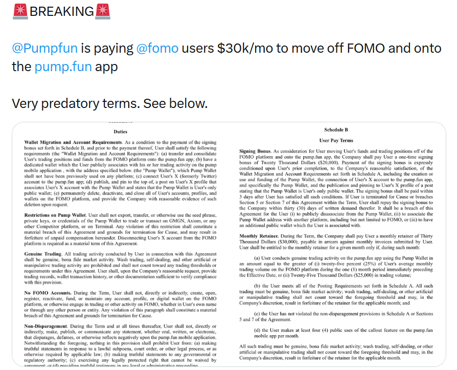 cfm_sol's tweet photo. I have organized my thoughts on the fundamental reasons behind the Pump vs. FOMO competition, as well as the current stage of the meme market:

The reason Pump launched the Pump App is that the Solana meme market has already entered its second phase.

Phase 1: Whoever owns the launch infrastructure wins

The first stage of the meme market was dominated by platforms that provided the easiest token creation tools.

The core competition was:

Who can make launching a meme coin easier?

Pumpfun won this stage because it lowered the barrier to entry and became the largest meme launch platform on Solana.

Phase 2: Whoever owns the attention distribution network wins

The competition is now shifting.

The key question is no longer:

“Who can create more tokens?”

Instead, it becomes:

“Who controls attention and distribution?”

Platforms will begin competing for:

KOLs
Call channels
Meme creators
Streamers
CT influencers

This is similar to how YouTube competed for TikTok creators, and TikTok competed for Instagram creators.

FOMO’s strategy directly targets Pump’s biggest weakness.

Pump currently has:

Liquidity
Users
Massive token creation volume
Trading activity

But it lacks:

Meme culture carriers
A strong KOL network
Deep community relationships

This missing piece is exactly why Pump started losing ground in the second phase of the Solana meme market:

the lack of an attention distribution network.

The reason Pepe became Pepe was not because of its technology.

It became successful because:

a group of people continuously spread, remix, and amplify the meme.

The true power of a meme comes from cultural propagation.

This is why Pump launched the Pump App.

The goal is not simply to improve trading.

The deeper goal is to transform trading into content consumption.

Pump wants to become:

TikTok + Robinhood + Twitch for memes.

An ecosystem where users can:

Discover trending memes
Follow successful traders
Engage socially
Trade instantly

The objective is to upgrade Pump from a launch platform into an attention marketplace.

By doing so, Pump is trying to compete for the assets that FOMO has been building:

Early discoverers
KOL networks
Alpha call users

The ultimate goal is to connect the three most important layers:

Discovery + Social + Trading

The reason many Pumpfun tokens fail to graduate successfully is also related to this missing infrastructure.

Without strong social distribution and cultural momentum, most tokens lack the ability to spread organically.

Looking ahead, I believe the third phase of the meme market will belong to platforms that successfully combine:

KOL networks
Meme creators
Communities
AI agents
Data analytics

The winner will not simply be the platform that creates the most tokens.

The winner will be the platform that can discover, amplify, and turn cultural emotions into scalable meme movements.

This is also why it makes sense that Pump is now competing for FOMO’s creators and influencers.