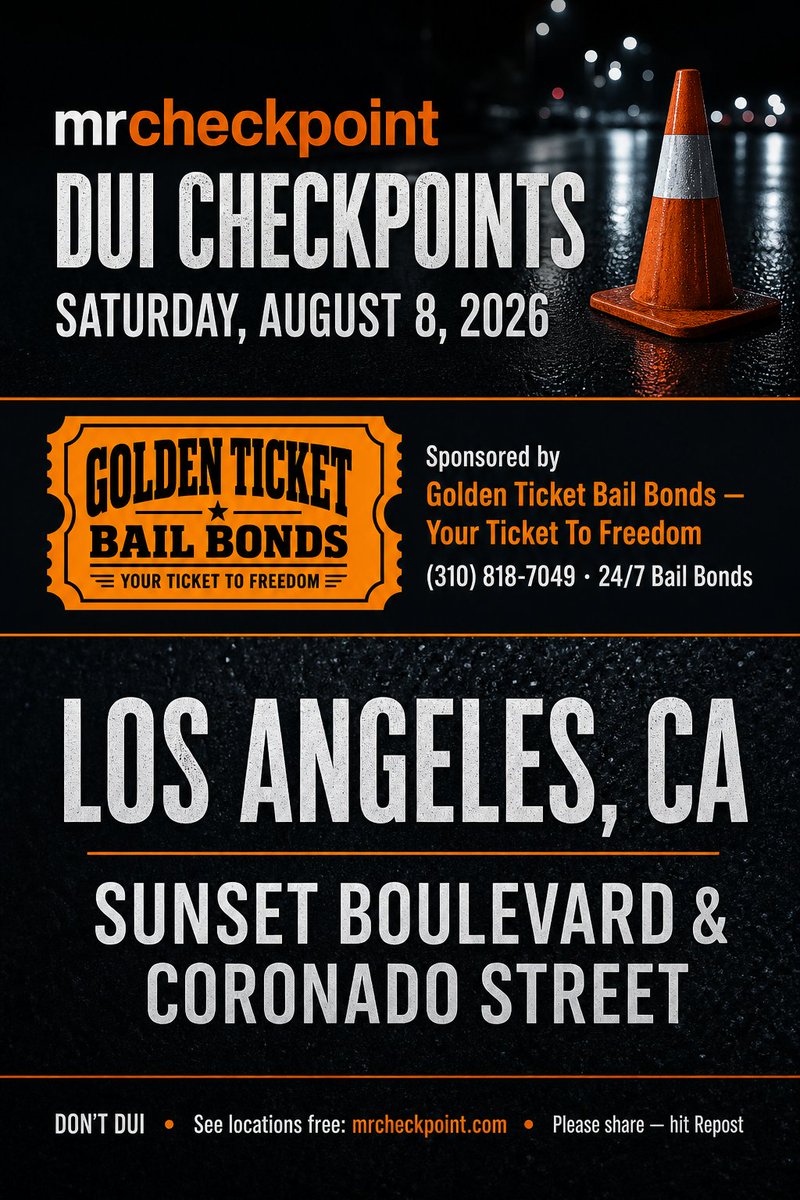 MrCheckpoint's tweet photo. DUI Checkpoints Saturday August 8th 2026 

See the checkpoints for free on https://t.co/7mkOkzMBzu https://t.co/F8oadXgdxn