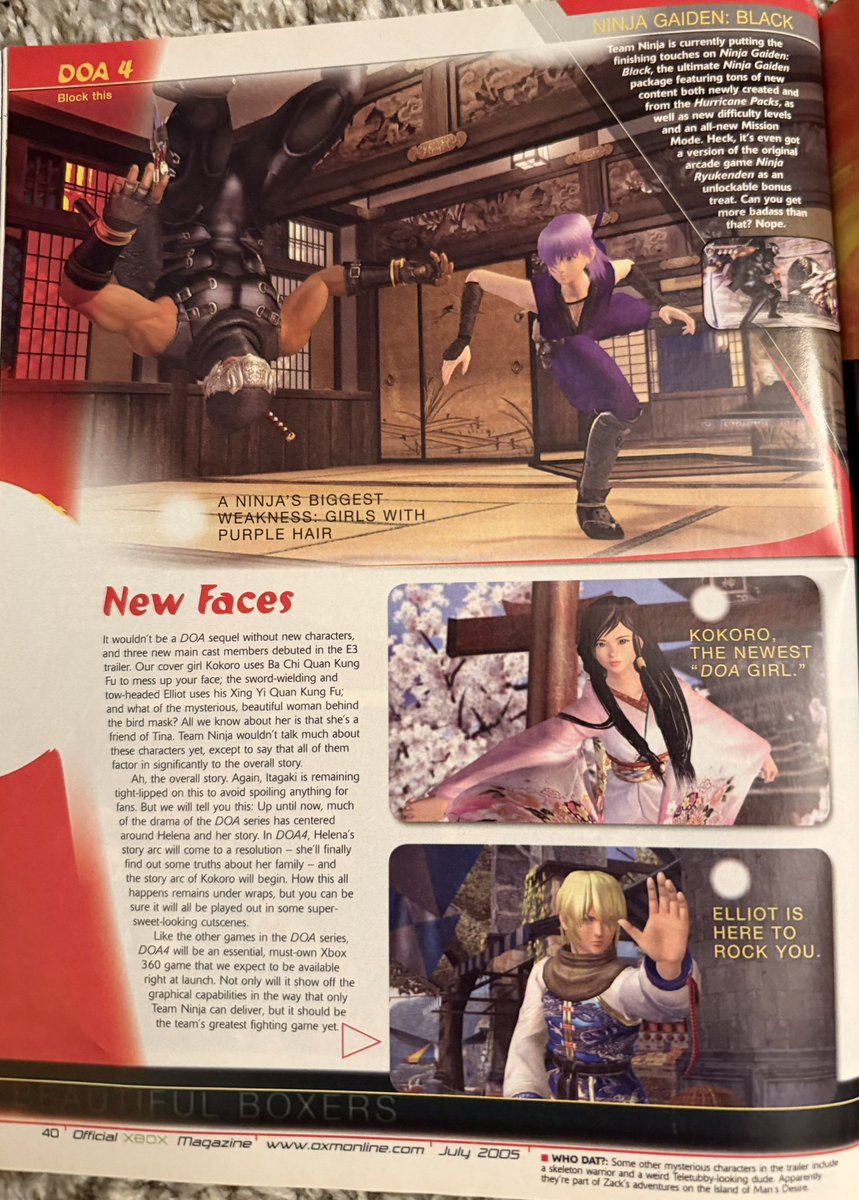 nykko28's tweet photo. Volunteered at @CAExtremeOrg today and picked up this 20+ year-old magazine featuring Dead or Alive 4 on the cover!
Reading it brought back so many memories from the DOA4 era. I took pics of the pages and articles for everyone to check out.
Who else remembers this era?π₯Ή
#DOA4 https://t.co/rBQU5s3My1