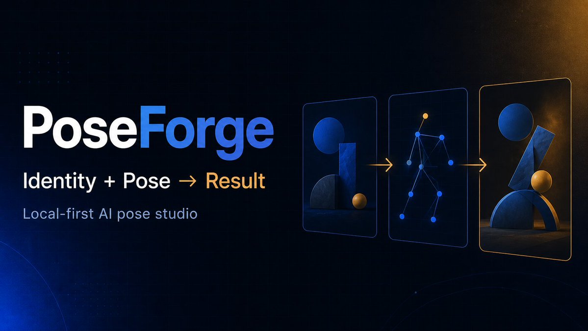 vishy_kulk's tweet photo. Meet PoseForge — an open-source, local-first AI pose studio.

Add an identity photo + pose reference. Keep the person, borrow the pose, and generate with Codex CLI or Google Antigravity.

Your library, history, and files stay local.

https://t.co/mjiCgZf44y https://t.co/4Y0x4FFNgu