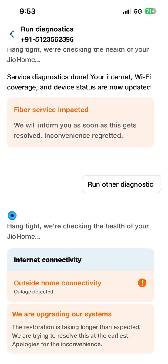 Creations3X's tweet photo. Jio Fibre down from 7 days. Customer told to restart router as update completed but it didn’t helped. Such a useless company

Please check @JioCare https://t.co/aTRS0sOLng