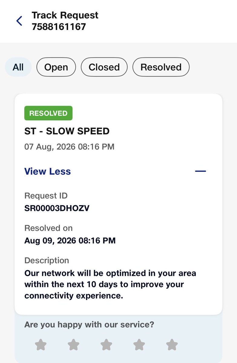 AjayBhangare121's tweet photo. @JioCare Ticket SR00003DHOZV marked 'Resolved' without fixing Sakirwadi (422604) slow 5G speed!
System says 10 days optimization required for capacity addition. Please don't close tickets automatically! Reopen it &amp; expedite RF engineering work. https://t.co/Snsa1913sS