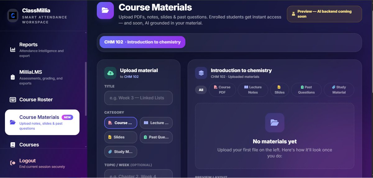 ClassMillia's tweet photo. 🚀ClassMillia is getting smarter

Introducing AI Study Hub lecturers upload course materials, and students can turn them into quizzes, flashcards, summaries, practice questions &amp; AI-powered study sessions 

We're building the operating system for the modern university classroom🎓 https://t.co/6yo2OoIY9j