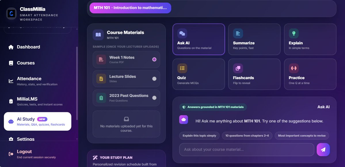 ClassMillia's tweet photo. 🚀ClassMillia is getting smarter

Introducing AI Study Hub lecturers upload course materials, and students can turn them into quizzes, flashcards, summaries, practice questions &amp; AI-powered study sessions 

We're building the operating system for the modern university classroom🎓 https://t.co/6yo2OoIY9j