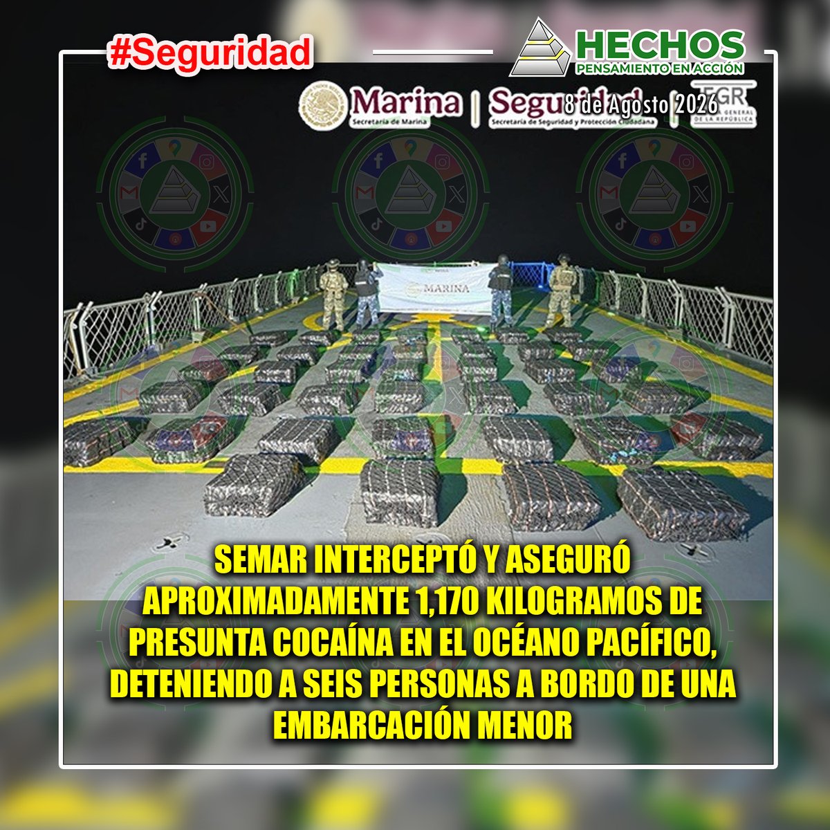 hechoscolima's tweet photo. Semar interceptó y aseguró aproximadamente 1,170 kilogramos de presunta cocaína en el Océano Pacífico, deteniendo a seis personas a bordo de una embarcación menor
#hechoscolima https://t.co/LOzYZZafe5