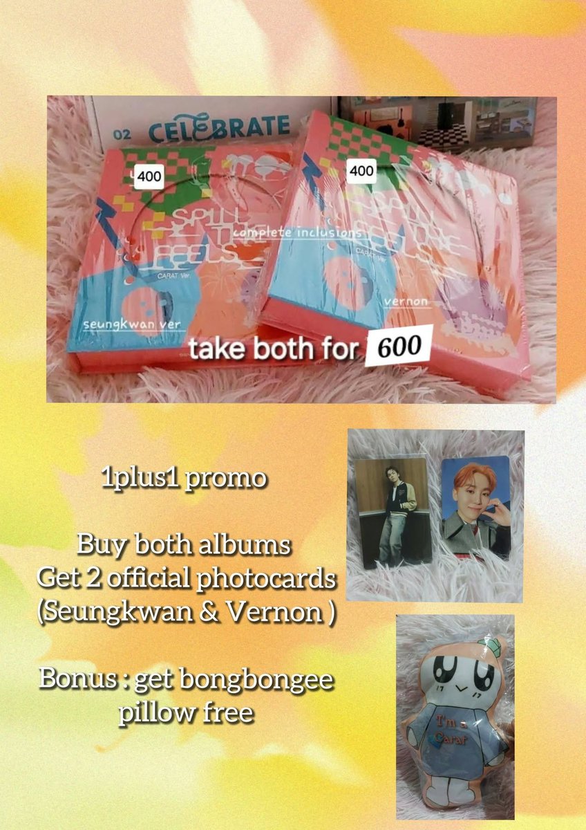 MarieV247's tweet photo. He's taking a long vacation soon kaya bilhin nyo na mga 'to before you miss #Vernon #Nonver 
Official #Miniteen face cushion #petiteen doll #spillthefeels albums 
Official photocards  #caratland2026 
#bongbongee shaped pillow as freebie.
#Seventeen #carats

Pls dm if interested https://t.co/9GSd6bLOqm