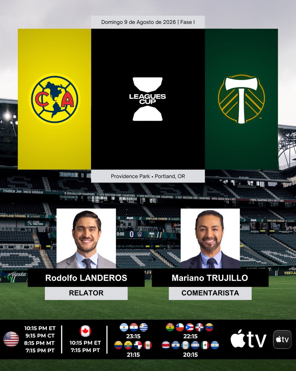 ProgramacionUS's tweet photo. ⚽️ #LeaguesCup2026 | #América 🇲🇽 vs. #PortlandTimbers 🇺🇸

🎙Relator: @RodolfoLanderos 
🎙️Comentarista: @marianot19 
💻📱@AppleTV 🌎

#️⃣ #LeaguesCup - #AMEvPOR - #AppleTV https://t.co/wjx55htVuK