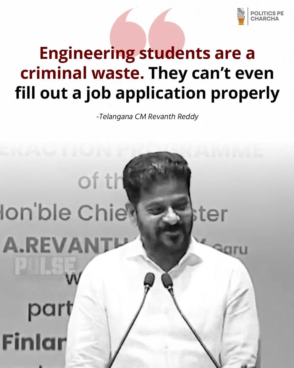 EngJANTAParty's tweet photo. "Engineering students are a criminal waste.

They can't even fill out a job application properly,'' -Telangana CM.

CJP turned it into a political issue, there were protests, vandalism, attacks on the police, and abusive slogans against the PM

Time to start our own movement https://t.co/dWBcUrGKYm
